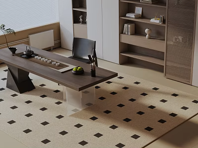 Modern Dining Table Set With Black Chair Geometric Rug Wooden Shelves And Decorative Plant 3d model