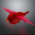 Red Bird Flying with Pink Wings and Reflection on Dark Background