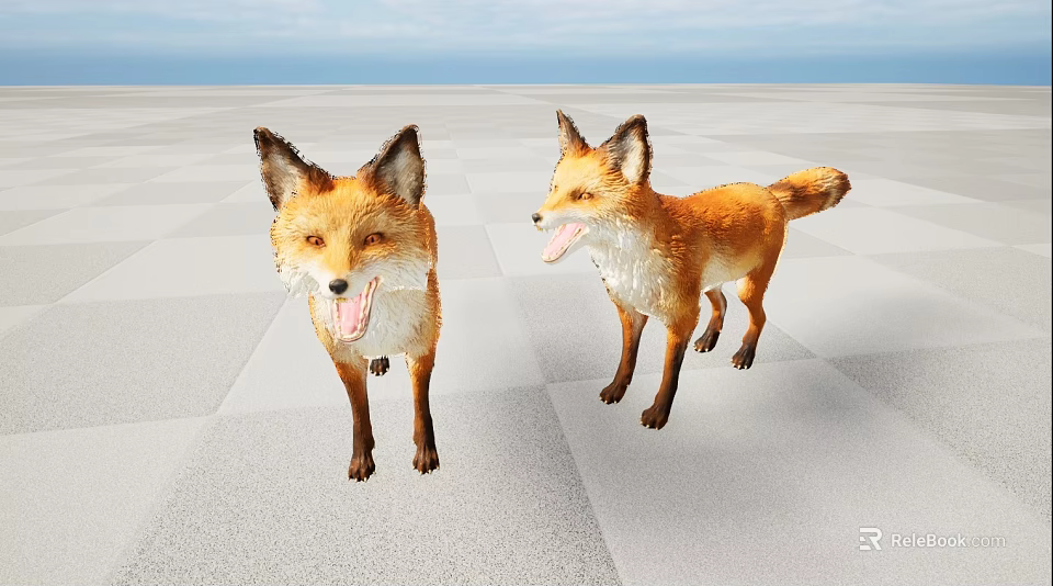 Two Red Foxes Standing On Checkered Ground With Open Sky Background 3d model 