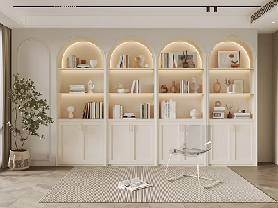 White Arched Bookcase Interior With Books Decorative Ornaments And Potted Plant 3d model