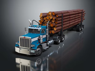 Blue Logging Truck Loaded With Large Pine Logs On Flatbed Trailer 3d model
