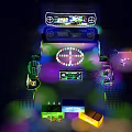 Neon Lit Circular Entertainment Stage With FLAX Logo Sound System And Colorful Lighting