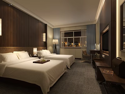 Elegant Hotel Guest Room With Twin Beds Wooden Accent Wall Night View Window And TV 3d model