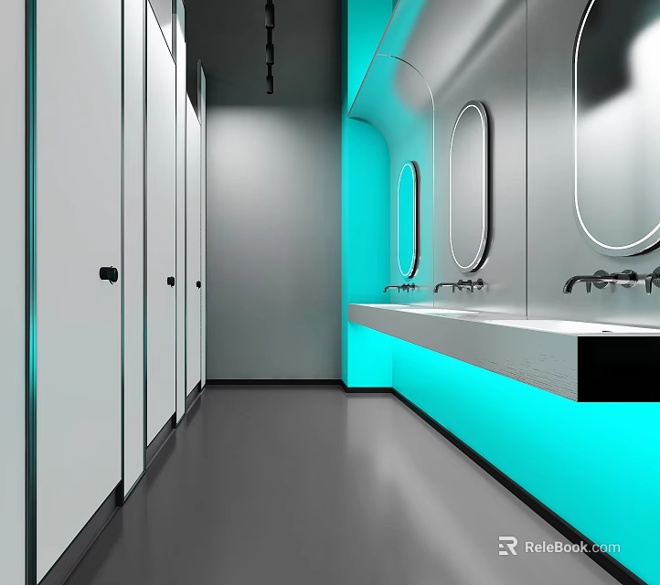 Public Restroom with Modern Design Stall Doors Mirrors and Blue Lighting 3d model 