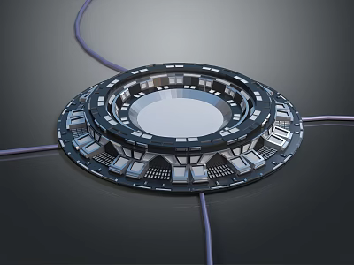 Futuristic Circular Architectural Structure With Multi layered Rings Geometric Patterns And Connected Cables 3d model