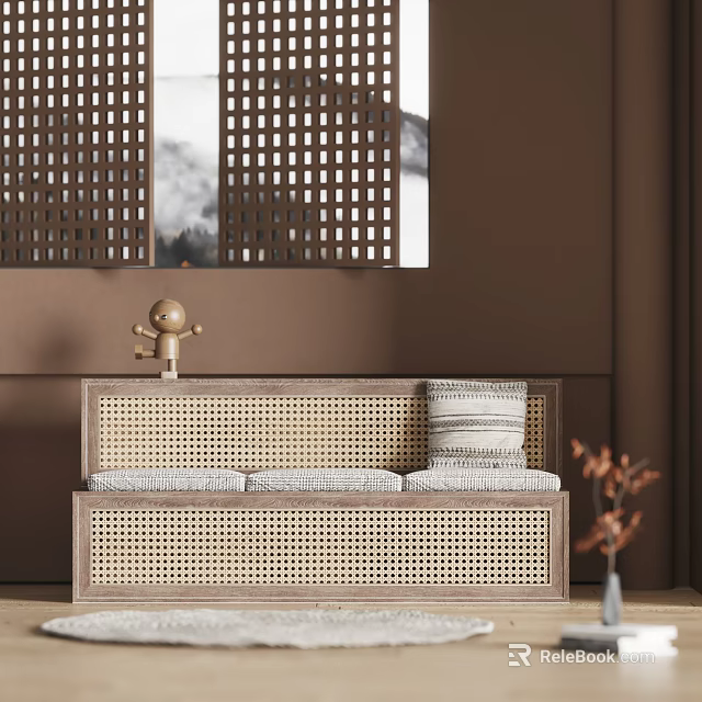 Public Chair With Rattan Material Three Seat And Gray Striped Cushions On Brown Wall Background 3d model 