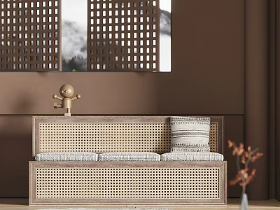 Public Chair With Rattan Material Three Seat And Gray Striped Cushions On Brown Wall Background 3d model