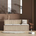 Public Chair With Rattan Material Three Seat And Gray Striped Cushions On Brown Wall Background