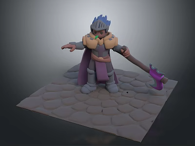 Man In Armor With Blue Hair Helmet Purple Cape And Purple Axe On Stone Ground 3d model