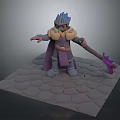 Man In Armor With Blue Hair Helmet Purple Cape And Purple Axe On Stone Ground