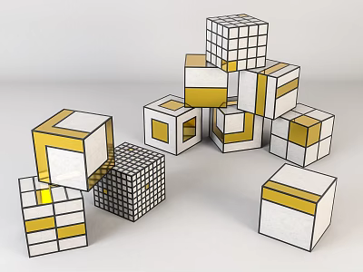White Yellow And Grid Patterned Cubes Arranged In Stacked Geometric Shapes 3d model