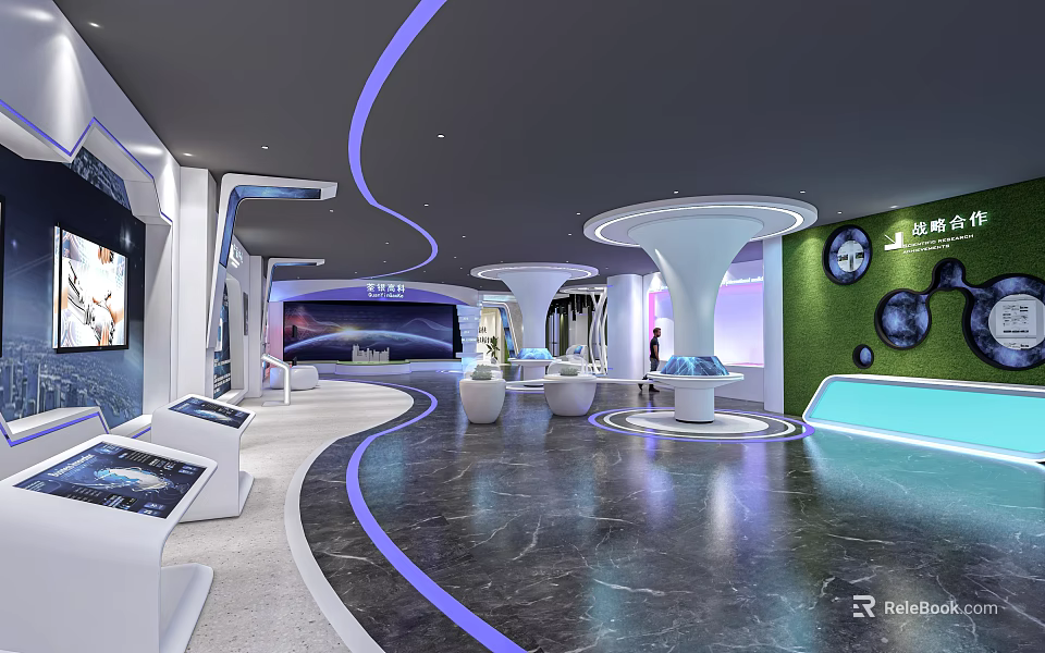 Modern Exhibition Hall Interior With Curved Purple Lines White Displays And Screens 3d model 