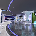 Modern Exhibition Hall Interior With Curved Purple Lines White Displays And Screens