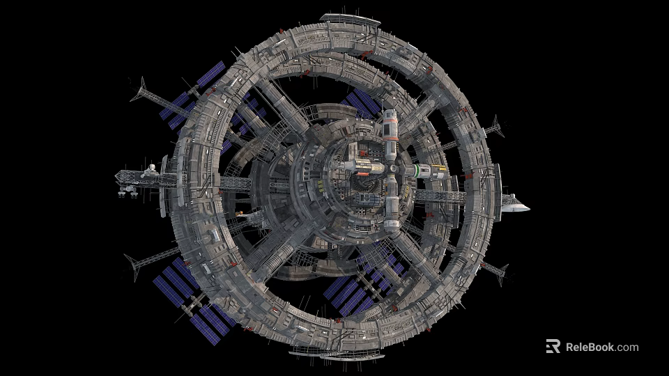 Large Circular Space Station With Multiple Modules Solar Panels And Complex Exterior Design 3d model 