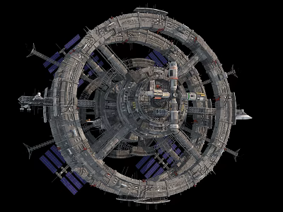 Large Circular Space Station With Multiple Modules Solar Panels And Complex Exterior Design 3d model