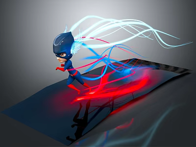 Superhero Character with Blue and Red Energy Streams on Black Reflective Surface 3d model