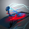 Superhero Character with Blue and Red Energy Streams on Black Reflective Surface