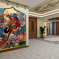 Traditional Hallway Interior With Round Ceiling Blue Patterned Ornament And Plants