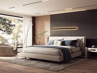 Modern Bedroom Interior With Queen Size Bed Area Rug Wooden Floor And Floor To Ceiling Window 3d model