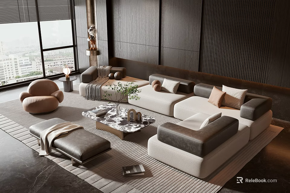 Elegant Modern Sofa Coffee Table Set With Neutral Tones Throw Pillows And City View 3d model 