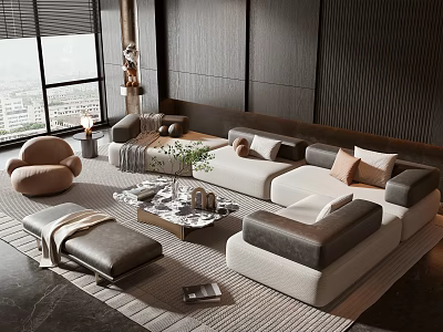 Elegant Modern Sofa Coffee Table Set With Neutral Tones Throw Pillows And City View 3d model