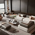 Elegant Modern Sofa Coffee Table Set With Neutral Tones Throw Pillows And City View 3d model