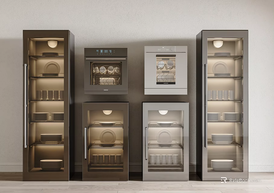 Modern Kitchen Appliances Display Cabinets With Stainless Steel Glass Doors And Layered Design 3d model 