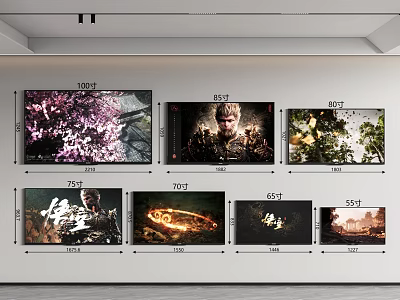 Multiple Wall Mounted TVs in Different Sizes Displaying Various Scenes Like Flowers And Characters 3d model