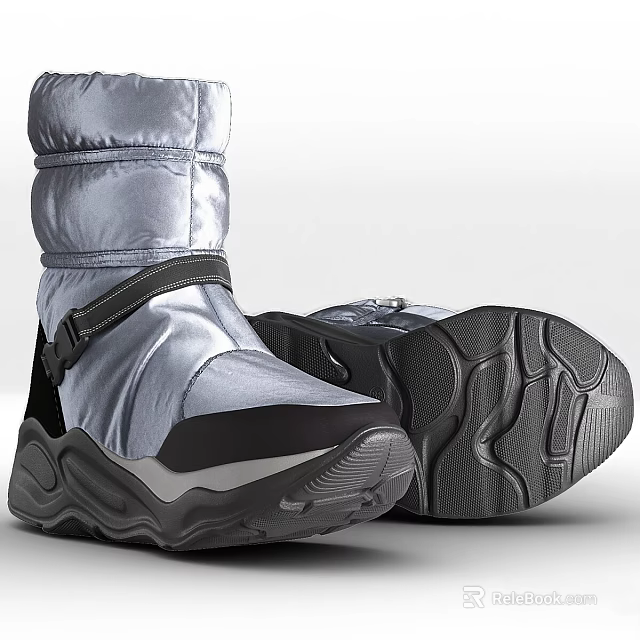 Silver And Black Padded Winter Shoes With Strap And Treaded Outdoor Sole 3d model 