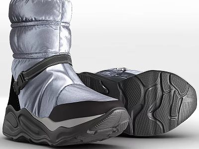 Silver And Black Padded Winter Shoes With Strap And Treaded Outdoor Sole 3d model