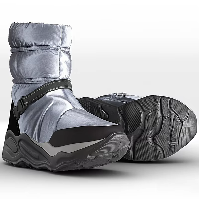 Silver And Black Padded Winter Shoes With Strap And Treaded Outdoor Sole 3d model
