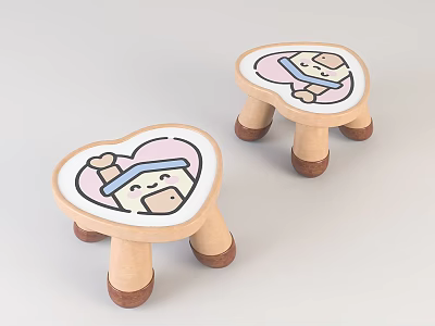 Heart Shaped Kids Sofa Stool With Cartoon Face And Wooden Legs In Soft Colors 3d model