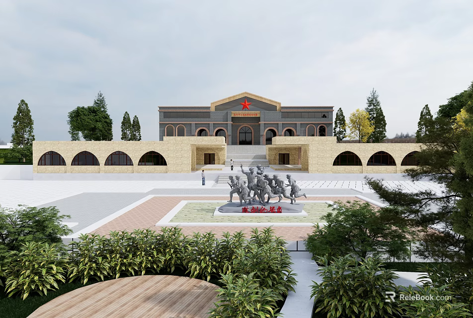 Garden Landscape Design Featuring Memorial Building Plaza Sculptures Greenery And Trees 3d model 