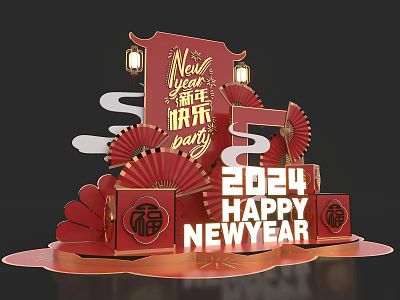 2024 Happy New Year Decorations With Red Lanterns Fans And Fu Character 3d model