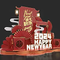 2024 Happy New Year Decorations With Red Lanterns Fans And Fu Character
