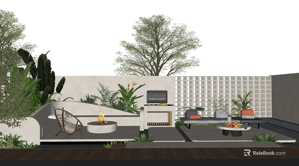 Outdoor Garden Landscape Design With Fire Pit Seating Lattice Wall and Grill Area 3d model 
