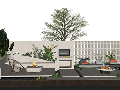 Outdoor Garden Landscape Design With Fire Pit Seating Lattice Wall and Grill Area 3d model