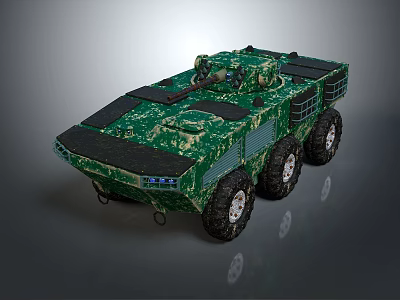 Green Camouflage Armored Vehicle Model With Six Wheels And Top Mounted Weapon 3d model
