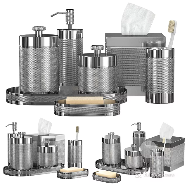 Bathtub Bathroom Accessories with Stainless Steel Textured Organizer Soap Dish Tissue and Toothbrush Holders 3d model 