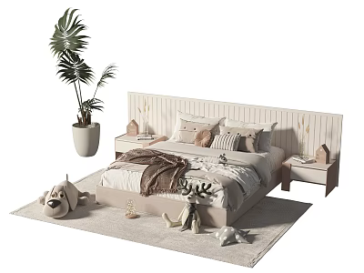 Cozy Kids Bed with Simple Headboard Soft Pillows Blanket Stuffed Toys Potted Plant and Rug 3d model