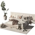 Cozy Kids Bed with Simple Headboard Soft Pillows Blanket Stuffed Toys Potted Plant and Rug
