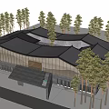 Modern Museum Building With Gray Roof Wooden Structure And Surrounding Trees