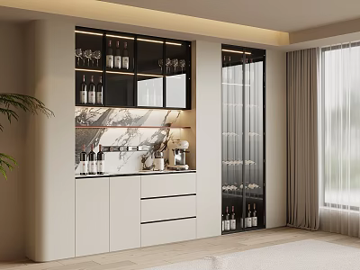 Modern Wine Cabinet With Glass Door Displaying Wine Bottles And Glasses In Living Room 3d model