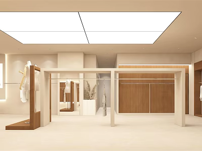 Modern Open Clothing Store Interior With White And Wooden Clothing Racks And Display Areas 3d model