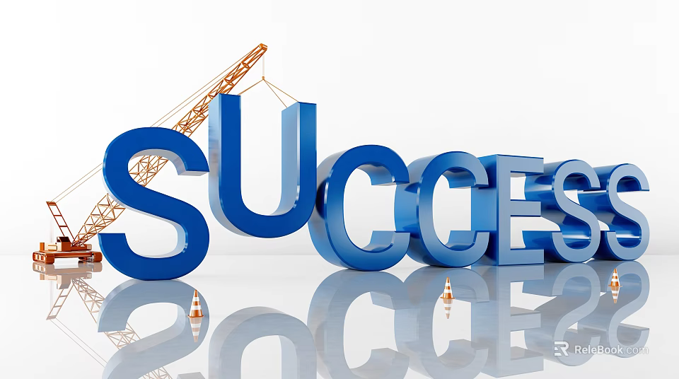 Commercial Equipment Success Visual Featuring 3D Letters Crane And Traffic Cone 3d model 