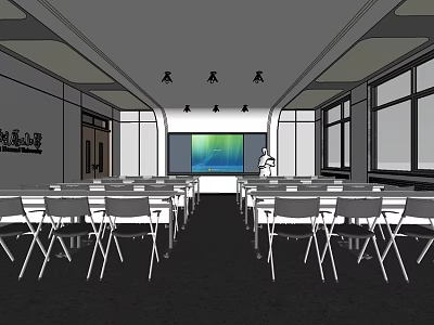 School Lecture Hall With Rows Of Chairs Desks Front Projector Screen And Windows 3d model