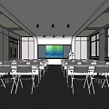 School Lecture Hall With Rows Of Chairs Desks Front Projector Screen And Windows