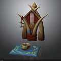 Traditional Decorative Building With Pointed Roof Red Door Wooden Horns Blue Rug And Small Candle