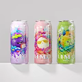 Three LIMO Canned Beverages With Colorful Cartoon Designs In Vibrant Purple Pink Green