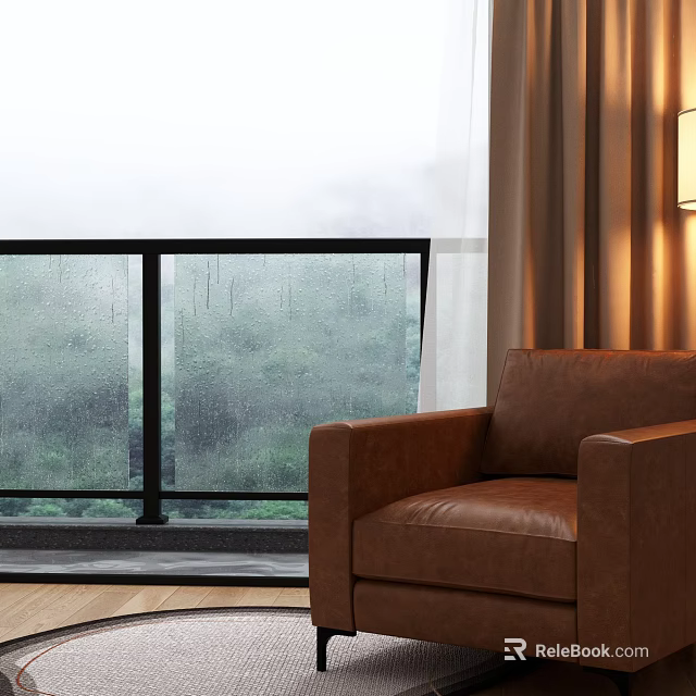 Brown Leather Single Sofa With Rainy Window View And Wooden Floor 3d model 